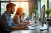 Ein hell erleuchtetes, modernes Büro mit freundlichen Menschen, die konzentriert an digitalen Geräten arbeiten und in einem Tageslicht durchfluteten Raum gemeinsam innovative Lösungen für die digitale Dokumentenverwaltung entwickeln.