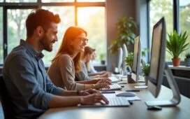 Ein hell erleuchtetes, modernes Büro mit freundlichen Menschen, die konzentriert an digitalen Geräten arbeiten und in einem Tageslicht durchfluteten Raum gemeinsam innovative Lösungen für die digitale Dokumentenverwaltung entwickeln.