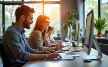 Ein hell erleuchtetes, modernes Büro mit freundlichen Menschen, die konzentriert an digitalen Geräten arbeiten und in einem Tageslicht durchfluteten Raum gemeinsam innovative Lösungen für die digitale Dokumentenverwaltung entwickeln.