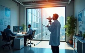 Ein strahlend heller Büroraum mit einem fokussierten Wissenschaftler, der in natürlichem Tageslicht an einem modernen Quantennavigationsgerät arbeitet, umgeben von technischen Skizzen und feinen Details, die innovative Zukunftstechnologie und menschliche Entschlossenheit warm und einladend vermitteln.