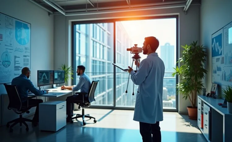 Ein strahlend heller Büroraum mit einem fokussierten Wissenschaftler, der in natürlichem Tageslicht an einem modernen Quantennavigationsgerät arbeitet, umgeben von technischen Skizzen und feinen Details, die innovative Zukunftstechnologie und menschliche Entschlossenheit warm und einladend vermitteln.