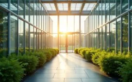 Ein strahlend helles, editorial fotografiertes Bild eines modernen, energieeffizienten Rechenzentrums mit großflächigen Glasfassaden, in warmes Tageslicht getaucht, das durch harmonisch integrierte Solarpanels und üppige Grünflächen eine zukunftsweisende Verbindung von Technologie, Nachhaltigkeit und Menschlichkeit vermittelt.