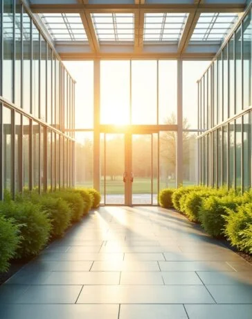 Ein strahlend helles, editorial fotografiertes Bild eines modernen, energieeffizienten Rechenzentrums mit großflächigen Glasfassaden, in warmes Tageslicht getaucht, das durch harmonisch integrierte Solarpanels und üppige Grünflächen eine zukunftsweisende Verbindung von Technologie, Nachhaltigkeit und Menschlichkeit vermittelt.