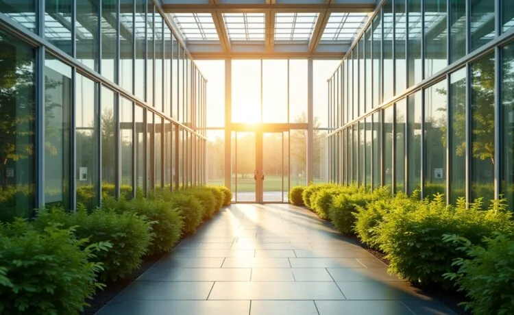 Ein strahlend helles, editorial fotografiertes Bild eines modernen, energieeffizienten Rechenzentrums mit großflächigen Glasfassaden, in warmes Tageslicht getaucht, das durch harmonisch integrierte Solarpanels und üppige Grünflächen eine zukunftsweisende Verbindung von Technologie, Nachhaltigkeit und Menschlichkeit vermittelt.