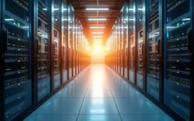 Ein hell erleuchteter, moderner Rechenzentrumsgang mit glänzenden Serverracks, durch das warmes Tageslicht fällt und das eine ruhige, zukunftsweisende Atmosphäre voller technischer Präzision und Nachhaltigkeit ausstrahlt.