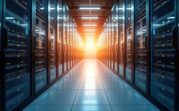 Ein hell erleuchteter, moderner Rechenzentrumsgang mit glänzenden Serverracks, durch das warmes Tageslicht fällt und das eine ruhige, zukunftsweisende Atmosphäre voller technischer Präzision und Nachhaltigkeit ausstrahlt.