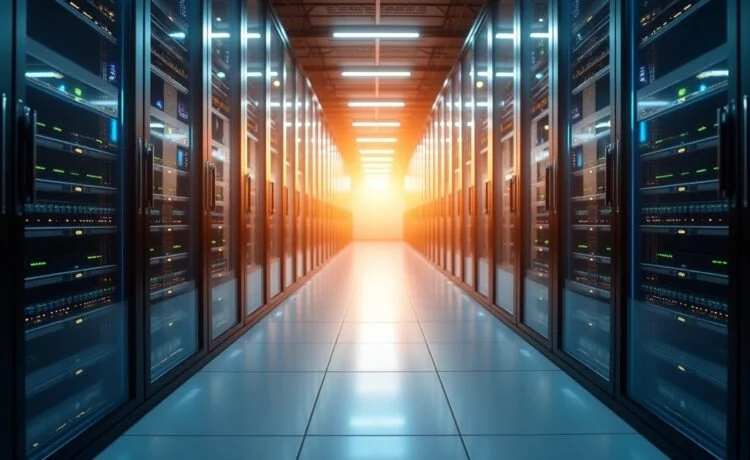 Ein hell erleuchteter, moderner Rechenzentrumsgang mit glänzenden Serverracks, durch das warmes Tageslicht fällt und das eine ruhige, zukunftsweisende Atmosphäre voller technischer Präzision und Nachhaltigkeit ausstrahlt.