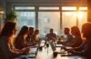 Ein warm erleuchteter, moderner Büroraum mit einem vielfältigen Team, das entspannt und konzentriert in hellem Tageslicht gemeinsam an Laptops arbeitet, umgeben von Notizen und Bildschirmen, die reibungslose Echtzeit-Zusammenarbeit und kreative Webentwicklung symbolisieren.