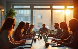 Ein warm erleuchteter, moderner Büroraum mit einem vielfältigen Team, das entspannt und konzentriert in hellem Tageslicht gemeinsam an Laptops arbeitet, umgeben von Notizen und Bildschirmen, die reibungslose Echtzeit-Zusammenarbeit und kreative Webentwicklung symbolisieren.