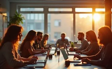 Ein warm erleuchteter, moderner Büroraum mit einem vielfältigen Team, das entspannt und konzentriert in hellem Tageslicht gemeinsam an Laptops arbeitet, umgeben von Notizen und Bildschirmen, die reibungslose Echtzeit-Zusammenarbeit und kreative Webentwicklung symbolisieren.