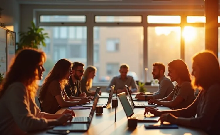 Ein warm erleuchteter, moderner Büroraum mit einem vielfältigen Team, das entspannt und konzentriert in hellem Tageslicht gemeinsam an Laptops arbeitet, umgeben von Notizen und Bildschirmen, die reibungslose Echtzeit-Zusammenarbeit und kreative Webentwicklung symbolisieren.