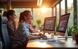 Ein inspirierendes, natürlich beleuchtetes Büro mit einem engagierten Webdesigner-Team, das lächelnd an modernen Bildschirmen mit lebendigen, dynamischen Webseitenlayouts arbeitet, während warme Sonnenstrahlen durch große Fenster fallen und eine kreative Atmosphäre voller Zukunftsgeist und Zusammenarbeit schaffen.