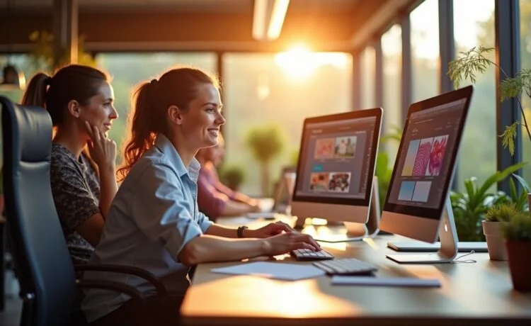 Ein inspirierendes, natürlich beleuchtetes Büro mit einem engagierten Webdesigner-Team, das lächelnd an modernen Bildschirmen mit lebendigen, dynamischen Webseitenlayouts arbeitet, während warme Sonnenstrahlen durch große Fenster fallen und eine kreative Atmosphäre voller Zukunftsgeist und Zusammenarbeit schaffen.