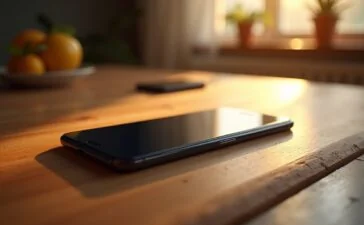 Ein hell erleuchtetes, modernes Smartphone mit elegant gefaltetem Display liegt auf einem warmen Holztisch, umgeben von sanftem Tageslicht und dezenten technologischen Details, die die zukunftsweisende Innovation faltbarer Geräte auf einladende und ästhetisch ansprechende Weise präsentieren.