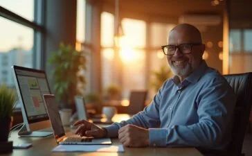 Ein lebendiges, sonnenbeschienenes Porträt von Dr. Werner Vogels in einem modernen, lichtdurchfluteten Büro mit warmen Holzakzenten, umgeben von High-Tech-Bildschirmen und futuristischen Gadgets, das mit natürlichem Tageslicht und einem freundlichen, optimistischen Ausdruck die spannende Zukunft der Technologie im Jahr 2026 einfühlsam einfängt.