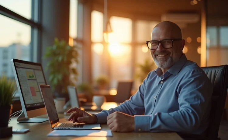 Ein lebendiges, sonnenbeschienenes Porträt von Dr. Werner Vogels in einem modernen, lichtdurchfluteten Büro mit warmen Holzakzenten, umgeben von High-Tech-Bildschirmen und futuristischen Gadgets, das mit natürlichem Tageslicht und einem freundlichen, optimistischen Ausdruck die spannende Zukunft der Technologie im Jahr 2026 einfühlsam einfängt.