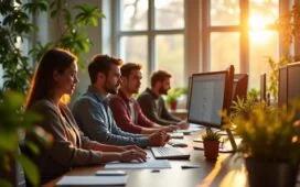 Ein freundliches, hell erleuchtetes Büroambiente mit einem Entwicklerteam, das konzentriert an modernen Computerbildschirmen arbeitet; warme Sonnenstrahlen fallen durch große Fenster auf lebendige Pflanzen und technische Notizen, die gemeinsam die zukunftsweisende Atmosphäre moderner Content-Management-Systeme wie Drupal 11.3.0 verkörpern.