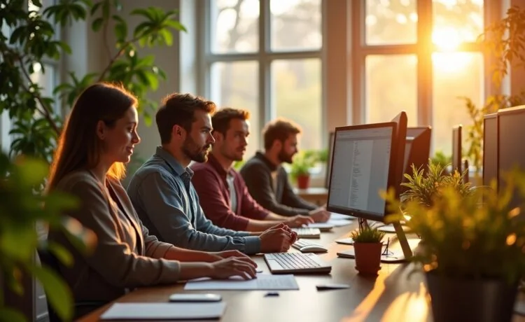 Ein freundliches, hell erleuchtetes Büroambiente mit einem Entwicklerteam, das konzentriert an modernen Computerbildschirmen arbeitet; warme Sonnenstrahlen fallen durch große Fenster auf lebendige Pflanzen und technische Notizen, die gemeinsam die zukunftsweisende Atmosphäre moderner Content-Management-Systeme wie Drupal 11.3.0 verkörpern.