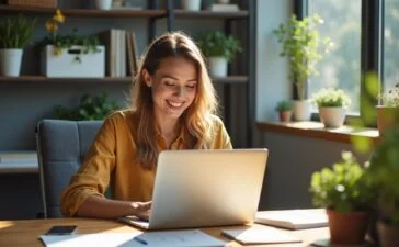 Ein modernes Büro mit einem aufgeräumten Schreibtisch, auf dem ein heller Laptop, kreative Notizen und Pflanzen in warmem Tageslicht liegen, während eine Person fokussiert und mit einem freundlichen Lächeln an der zukünftigen Entwicklung digitaler Inhalte arbeitet.