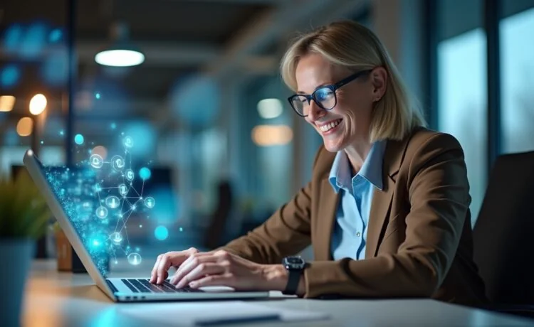 Eine helle, freundlich wirkende Porträtaufnahme einer entspannt lächelnden Person mittleren Alters in einem modernen, lichtdurchfluteten Büro, die am Laptop konzentriert digitale Verwaltungsdokumente prüft, während im Hintergrund dezente Andeutungen von Technik und moderner Kommunikation eine Verbindung zwischen Mensch und digitaler Behörde herstellen.