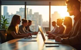 In einem sonnendurchfluteten, modernen Büroraum arbeiten diverse europäische Fachkräfte engagiert an Laptops und digitalen Geräten, während durch große Fenster warmes Tageslicht fällt und eine Atmosphäre von Zuversicht, Zusammenarbeit und technologischem Fortschritt vermittelt wird.