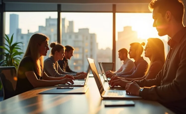 In einem sonnendurchfluteten, modernen Büroraum arbeiten diverse europäische Fachkräfte engagiert an Laptops und digitalen Geräten, während durch große Fenster warmes Tageslicht fällt und eine Atmosphäre von Zuversicht, Zusammenarbeit und technologischem Fortschritt vermittelt wird.
