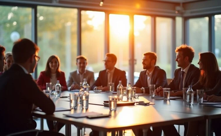 Ein lichtdurchflutetes, modernes Konferenzzimmer mit europäischen Fachleuten in angeregtem Austausch vor großen Fenstern, die warmes Tageslicht hereinlassen und eine Atmosphäre von Zuversicht, Kooperation und digitalem Aufbruch vermitteln.