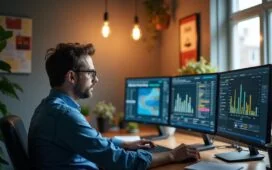 Ein hell erleuchteter, moderner Arbeitsplatz mit einem konzentrierten Entwickler, der vor mehreren Bildschirmen komplexe Container- und Sicherheitsdaten analysiert, umgeben von warmem, natürlichem Tageslicht, das eine freundliche und zugleich professionelle Atmosphäre schafft.