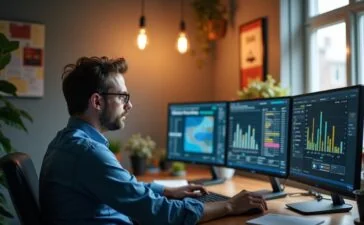 Ein hell erleuchteter, moderner Arbeitsplatz mit einem konzentrierten Entwickler, der vor mehreren Bildschirmen komplexe Container- und Sicherheitsdaten analysiert, umgeben von warmem, natürlichem Tageslicht, das eine freundliche und zugleich professionelle Atmosphäre schafft.