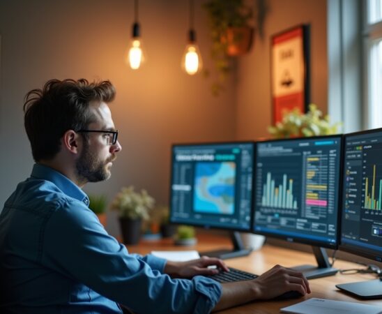 Ein hell erleuchteter, moderner Arbeitsplatz mit einem konzentrierten Entwickler, der vor mehreren Bildschirmen komplexe Container- und Sicherheitsdaten analysiert, umgeben von warmem, natürlichem Tageslicht, das eine freundliche und zugleich professionelle Atmosphäre schafft.