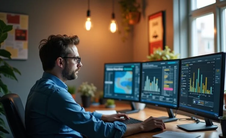 Ein hell erleuchteter, moderner Arbeitsplatz mit einem konzentrierten Entwickler, der vor mehreren Bildschirmen komplexe Container- und Sicherheitsdaten analysiert, umgeben von warmem, natürlichem Tageslicht, das eine freundliche und zugleich professionelle Atmosphäre schafft.