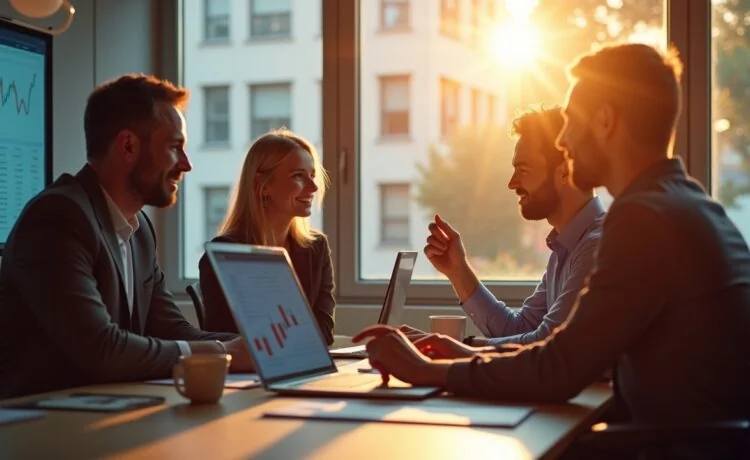 Ein sonnendurchflutetes, modernes Büro mit entspannten, konzentrierten Menschen am Laptop und auf Bildschirmen mit Finanzdaten, die in einer warmen, freundlichen Atmosphäre eine lebendige Debatte über Kryptowährungen symbolisieren.