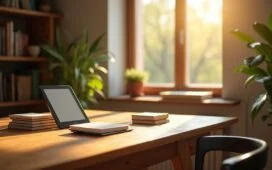 Ein warm beleuchteter, sonnendurchfluteter Arbeitsplatz mit offenem E-Reader neben einem Stapel gedruckter Bücher, auf einem hellen Holztisch nahe eines großen Fensters, das sanftes Tageslicht hereinlässt und eine Atmosphäre von Freiheit und moderner Lesekultur vermittelt.