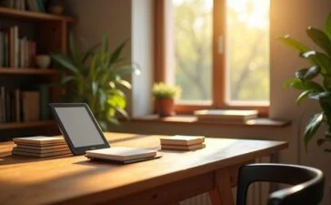 Ein warm beleuchteter, sonnendurchfluteter Arbeitsplatz mit offenem E-Reader neben einem Stapel gedruckter Bücher, auf einem hellen Holztisch nahe eines großen Fensters, das sanftes Tageslicht hereinlässt und eine Atmosphäre von Freiheit und moderner Lesekultur vermittelt.