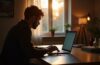Eine helle, einladende Szene mit einer Person in Alltagstracht, die konzentriert an einem modernen Laptop arbeitet, umgeben von warmem Tageslicht und einem gemütlichen, aufgeräumten Heimarbeitsplatz – symbolisch für die sensible und persönliche Auseinandersetzung mit Datensicherheit im digitalen Zeitalter.