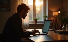 Eine helle, einladende Szene mit einer Person in Alltagstracht, die konzentriert an einem modernen Laptop arbeitet, umgeben von warmem Tageslicht und einem gemütlichen, aufgeräumten Heimarbeitsplatz – symbolisch für die sensible und persönliche Auseinandersetzung mit Datensicherheit im digitalen Zeitalter.