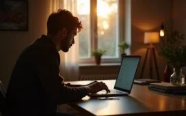 Eine helle, einladende Szene mit einer Person in Alltagstracht, die konzentriert an einem modernen Laptop arbeitet, umgeben von warmem Tageslicht und einem gemütlichen, aufgeräumten Heimarbeitsplatz – symbolisch für die sensible und persönliche Auseinandersetzung mit Datensicherheit im digitalen Zeitalter.