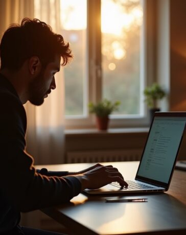 Eine helle, einladende Szene mit einer Person in Alltagstracht, die konzentriert an einem modernen Laptop arbeitet, umgeben von warmem Tageslicht und einem gemütlichen, aufgeräumten Heimarbeitsplatz – symbolisch für die sensible und persönliche Auseinandersetzung mit Datensicherheit im digitalen Zeitalter.