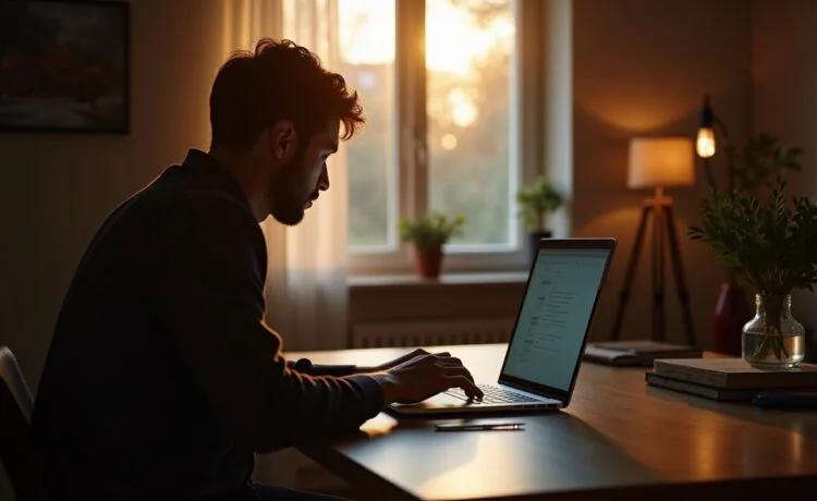 Eine helle, einladende Szene mit einer Person in Alltagstracht, die konzentriert an einem modernen Laptop arbeitet, umgeben von warmem Tageslicht und einem gemütlichen, aufgeräumten Heimarbeitsplatz – symbolisch für die sensible und persönliche Auseinandersetzung mit Datensicherheit im digitalen Zeitalter.