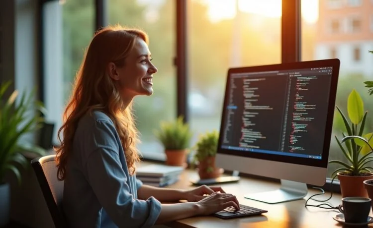 In einem hell erleuchteten modernen Büro sitzt eine lächelnde Webentwicklerin vor zwei großen Bildschirmen voller sauberer Codezeilen und interaktiver Webseiten, umgeben von warmem Tageslicht und Pflanzen, das eine inspirierende Atmosphäre von Fortschritt, Leichtigkeit und technischer Innovation vermittelt.