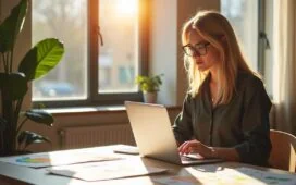 Helle, einladende Aufnahme einer konzentrierten Freelancerin in einem modernen Home-Office, die mit einem Laptop vor sich und farbenfrohen Entwurfsskizzen auf dem Tisch in natürlichem Tageslicht eine Website mithilfe eines visuellen Page Builders gestaltet – strahlende Atmosphäre, warme Farbtöne und realistische Details unterstreichen den einfachen Zugang zu professionellem Webdesign ohne Programmierkenntnisse.