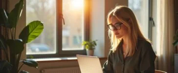 Helle, einladende Aufnahme einer konzentrierten Freelancerin in einem modernen Home-Office, die mit einem Laptop vor sich und farbenfrohen Entwurfsskizzen auf dem Tisch in natürlichem Tageslicht eine Website mithilfe eines visuellen Page Builders gestaltet – strahlende Atmosphäre, warme Farbtöne und realistische Details unterstreichen den einfachen Zugang zu professionellem Webdesign ohne Programmierkenntnisse.