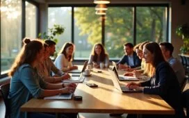 Ein modernes Büro mit einer lebhaft diskutierenden Gruppe verschiedener Geschäftsleute an einem großen Holztisch, von natürlichem Licht durchflutet und von einer warmen, einladenden Atmosphäre umgeben, die den Balanceakt zwischen digitalen Innovationen und Datenschutzverantwortung spürbar macht.