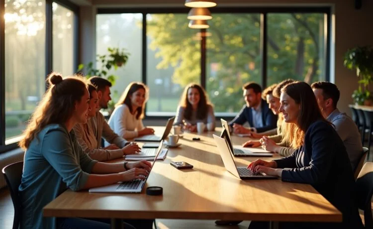Ein modernes Büro mit einer lebhaft diskutierenden Gruppe verschiedener Geschäftsleute an einem großen Holztisch, von natürlichem Licht durchflutet und von einer warmen, einladenden Atmosphäre umgeben, die den Balanceakt zwischen digitalen Innovationen und Datenschutzverantwortung spürbar macht.