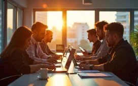 Ein hell erleuchteter, moderner Büroarbeitsplatz, an dem ein Team unterschiedlicher Fachleute bei freundlichem Tageslicht konzentriert Datenschutzdokumente und digitale Geräte überprüft, während warmes Sonnenlicht durch große Fenster fällt und eine Atmosphäre von Verantwortung, Transparenz und zukunftsorientiertem Compliance-Engagement vermittelt.