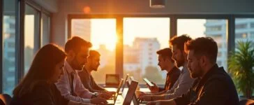 Ein hell erleuchteter, moderner Büroarbeitsplatz, an dem ein Team unterschiedlicher Fachleute bei freundlichem Tageslicht konzentriert Datenschutzdokumente und digitale Geräte überprüft, während warmes Sonnenlicht durch große Fenster fällt und eine Atmosphäre von Verantwortung, Transparenz und zukunftsorientiertem Compliance-Engagement vermittelt.