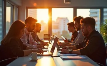 Ein hell erleuchteter, moderner Büroarbeitsplatz, an dem ein Team unterschiedlicher Fachleute bei freundlichem Tageslicht konzentriert Datenschutzdokumente und digitale Geräte überprüft, während warmes Sonnenlicht durch große Fenster fällt und eine Atmosphäre von Verantwortung, Transparenz und zukunftsorientiertem Compliance-Engagement vermittelt.