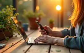 Ein warm ausgeleuchtetes, authentisches Portrait einer jungen Person, die entspannt mit einem minimalistischen Dumbphone in der Hand auf einem sonnendurchfluteten Holztisch sitzt, umgeben von natürlichen Elementen wie Grünpflanzen und einem Kerzenlicht, das eine ruhige digitale Auszeit und bewusste Entschleunigung inmitten des modernen Alltags symbolisiert.