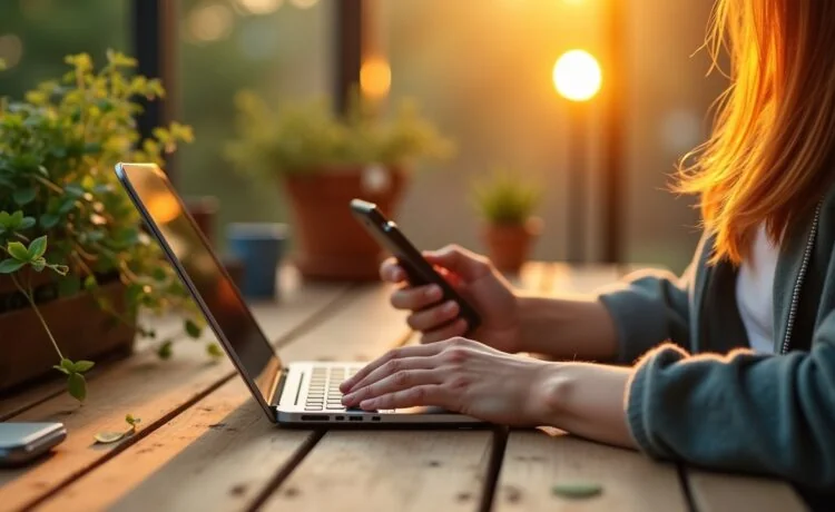 Ein warm ausgeleuchtetes, authentisches Portrait einer jungen Person, die entspannt mit einem minimalistischen Dumbphone in der Hand auf einem sonnendurchfluteten Holztisch sitzt, umgeben von natürlichen Elementen wie Grünpflanzen und einem Kerzenlicht, das eine ruhige digitale Auszeit und bewusste Entschleunigung inmitten des modernen Alltags symbolisiert.