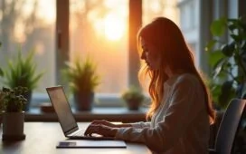 Ein warm beleuchtetes, freundliches Büroambiente mit einer entspannten Person, die am Laptop konzentriert eine E-Mail schreibt, umgeben von moderner Technik, natürlichem Tageslicht und dezenten Pflanzen – ein Sinnbild für digitale Kommunikation und Datenschutz im Alltag.